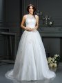 A-Line/Princess Scoop Applique Sleeveless Long Net Wedding Dresses