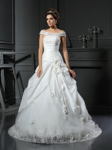 Ball Gown Off-the-Shoulder Hand-Made Flower Sleeveless Long Satin Wedding Dresses