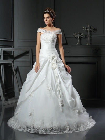 Ball Gown Off-the-Shoulder Hand-Made Flower Sleeveless Long Satin Wedding Dresses [51110]