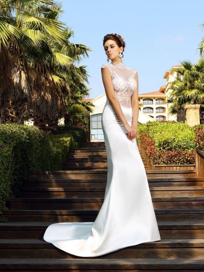 Trumpet/Mermaid High Neck Beading Sleeveless Long Satin Dresses [51145]