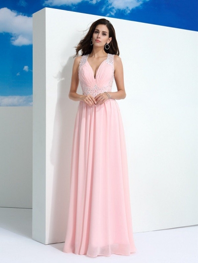 A-Line/Princess Straps Beading Sleeveless Long Chiffon Dresses [60134]