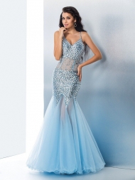 Trumpet/Mermaid Spaghetti Straps Sequin Sleeveless Long Organza Dresses