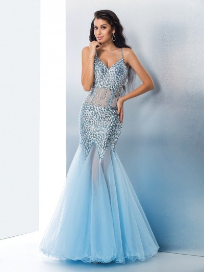 Trumpet/Mermaid Spaghetti Straps Sequin Sleeveless Long Organza Dresses [60151]