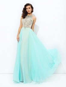 A-line/Princess Jewel Beading Sleeveless Long Chiffon Dresses