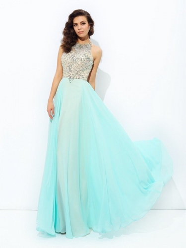 A-line/Princess Jewel Beading Sleeveless Long Chiffon Dresses