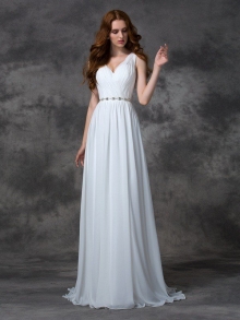 A-line/Princess V-neck Beading Sleeveless Long Chiffon Dresses