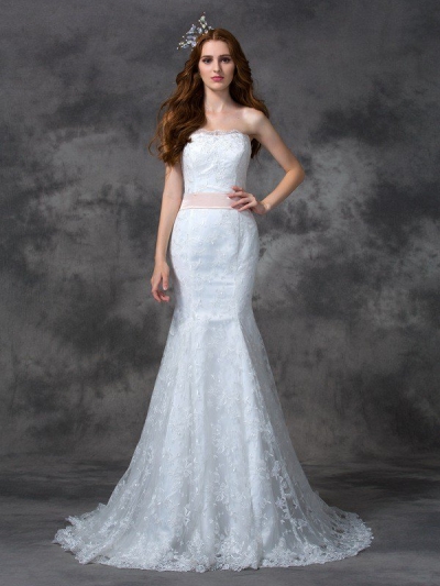 Trumpet/Mermaid Strapless Sash/Ribbon/Belt Sleeveless Long Lace Wedding Dresses [60249]