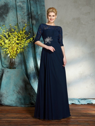 A-Line/Princess Bateau Beading 1/2 Sleeves Long Chiffon Mother of the Bride Dresses