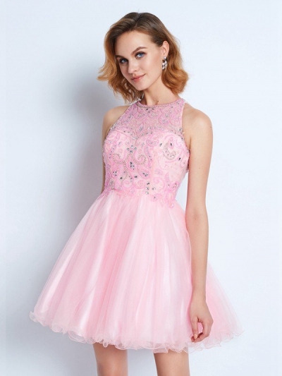 A-line/Princess Sleeveless Jewel Short/Mini Net Ruffles Dresses [63003]