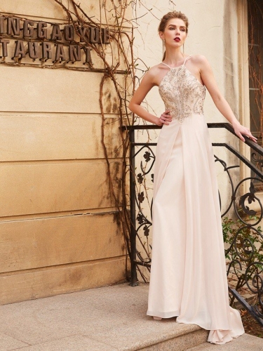 A-line/Princess Spaghetti Straps Sleeveless Beading Sweep/Brush Train Chiffon Dresses