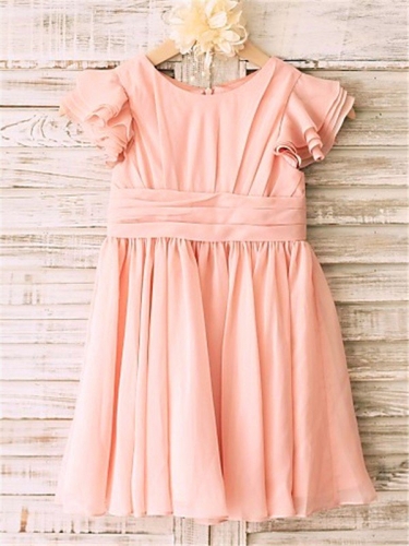 A-line/Princess Scoop Short Sleeves Tea-Length Chiffon Flower Girl Dresses