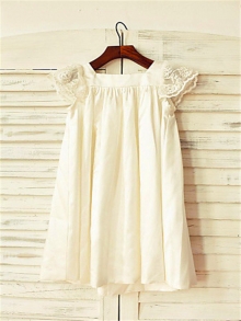 A-line/Princess Scoop Short Sleeves Lace Tea-Length Chiffon Flower Girl Dresses