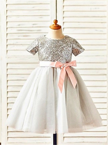 A-line/Princess Scoop Short Sleeves Sequin Tea-Length Tulle Flower Girl Dresses