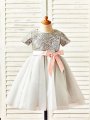 A-line/Princess Scoop Short Sleeves Sequin Tea-Length Tulle Flower Girl Dresses