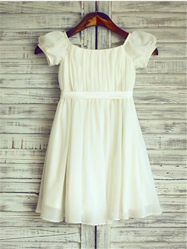 A-line/Princess Square Short Sleeves Ruched Tea-Length Chiffon Flower Girl Dresses