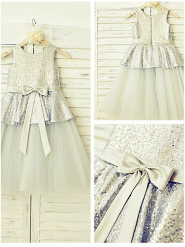 A-line/Princess Sleeveless Scoop Sequin Floor-Length Tulle Flower Girl Dresses