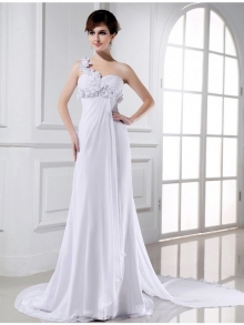 A-Line/Princess One-shoulder Beading Hand-made Flower Sleeveless Chiffon Wedding Dresses