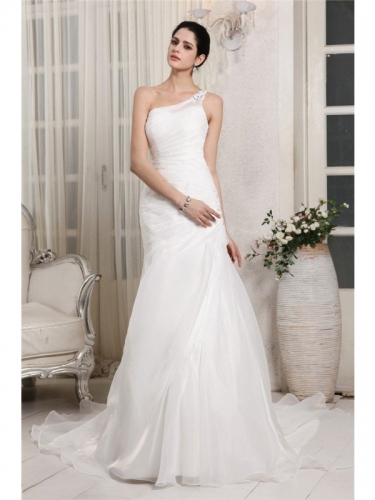 Trumpet/Mermaid One-Shoulder Sleeveless Beading Applique Long Organza Wedding Dresses