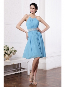 Sheath/Column Halter Sleeveless Beading Pleats Short Chiffon Bridesmaid Dresses