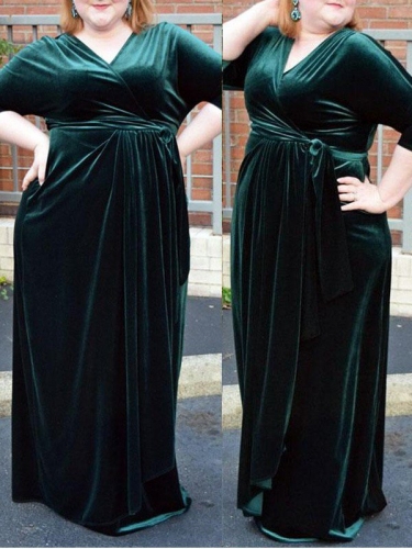 Sheath/Column V-neck 1/2 Sleeves Ruched Floor-Length Velvet Plus Size Dresses