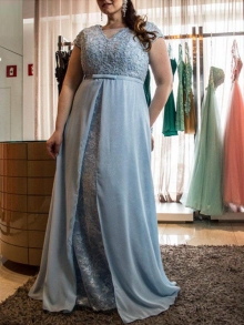 A-Line/Princess Scoop Short Sleeves Lace Floor-Length Chiffon Plus Size Dresses