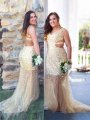 Sheath/Column V-neck Sleeveless Sequin Sweep/Brush Train Tulle Plus Size Dresses