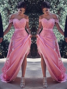 Sheath/Column Off-the-Shoulder Sleeveless Sweep/Brush Train Silk Like Satin Dresses