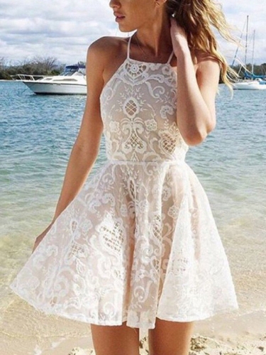 A-Line/Princess Sleeveless Halter Lace Spandax Short/Mini Dresses