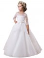 Ball Gown Jewel Long Sleeves Lace Floor-Length Satin Flower Girl Dresses