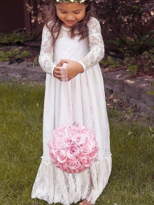 A-Line/Princess Long Sleeves Jewel Bowknot Lace Floor-Length Flower Girl Dresses