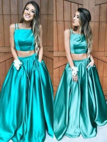 A-Line/Princess Sleeveless Square Floor-Length Ruffles Satin Two Piece Dresses