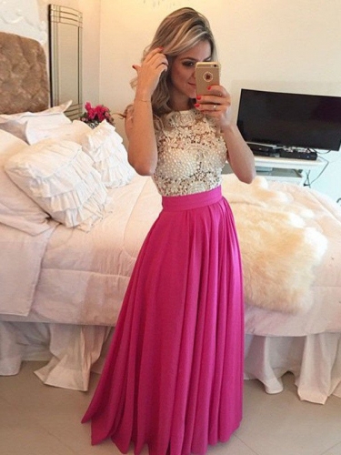 A-Line/Princess Scoop Sleeveless Lace Floor-Length Chiffon Dresses