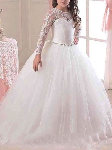 Ball Gown Scoop Long Sleeves Floor-Length Lace Tulle Flower Girl Dresses