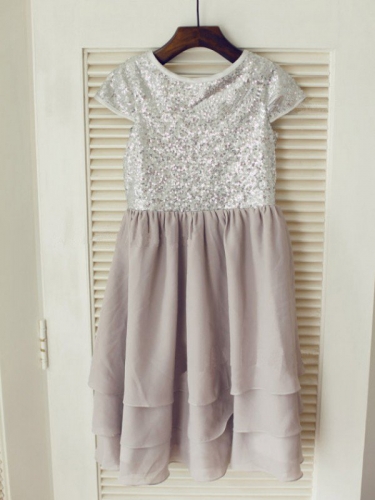 A-line/Princess Jewel Short Sleeves Sequin Long Chiffon Dresses