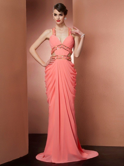 A-Line/Princess Halter Beading Sleeveless Long Chiffon Dresses [40016]