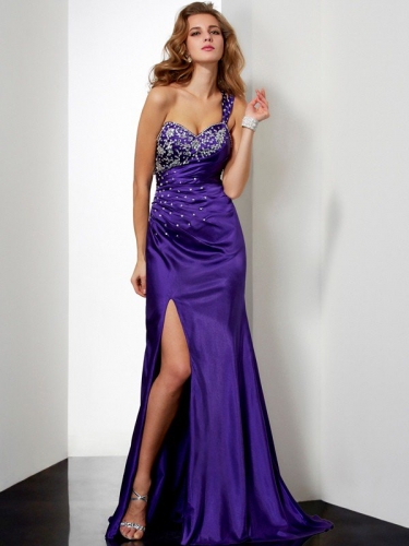 Sheath/Column Beading One-Shoulder Long Elastic Woven Satin Dresses