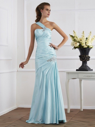 Trumpet/Mermaid One-Shoulder Sleeveless Ruched Long Elastic Woven Satin Dresses