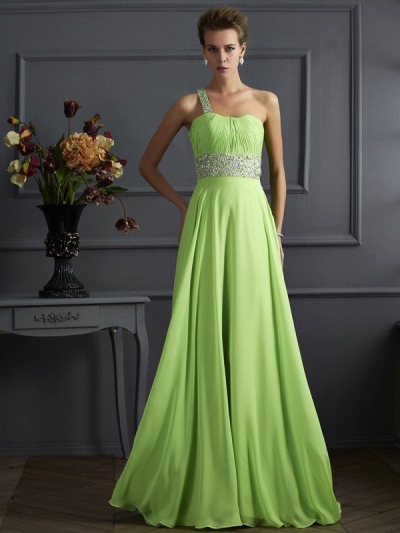 A-Line/Princess Sleeveless Beading One-Shoulder Chiffon Long Dresses