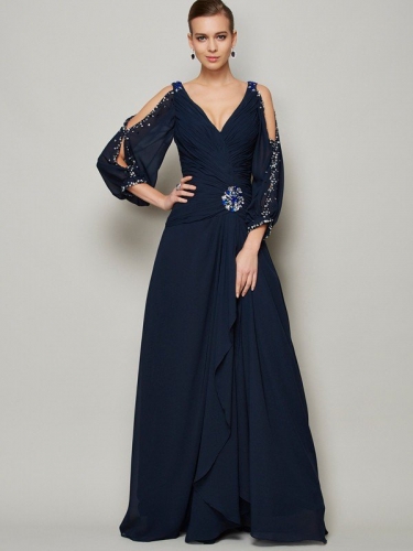 A-Line/Princess V-neck Long Sleeves Beading Long Chiffon Dresses