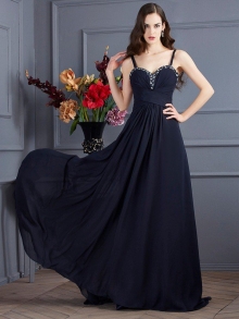 A-Line/Princess Spaghetti Straps Sleeveless Beading Long Chiffon Dresses