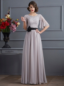 A-Line/Princess High Neck 1/2 Sleeves Beading Long Chiffon Dresses