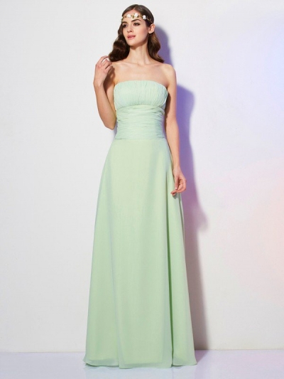 A-Line/Princess Strapless Sleeveless Pleats Long Chiffon Bridesmaid Dresses [40448]