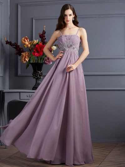 Empire Spaghetti Straps Sleeveless Beading Long Chiffon Dresses