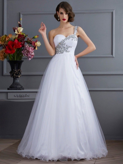 Ball Gown One-Shoulder Sleeveless Beading Long Elastic Woven Satin Quinceanera Dresses [40603]