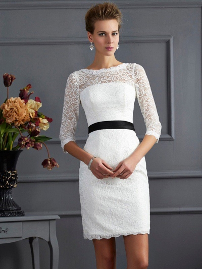 Sheath/Column Scoop 3/4 Sleeves Sash/Ribbon/Belt Short Lace Mother of the Bride Dresses [40665]