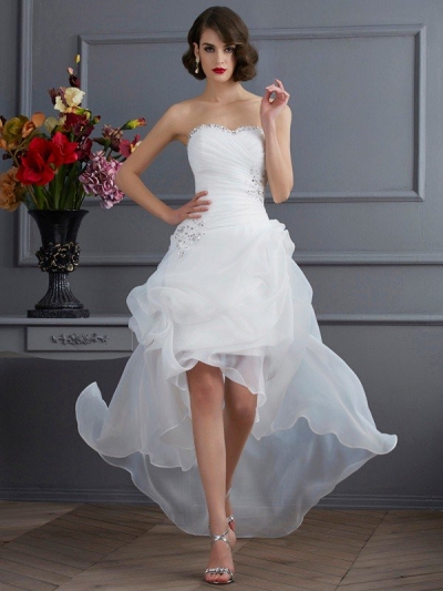 A-Line/Princess Sweetheart Sleeveless Beading High Low Organza Wedding Dresses [40686]