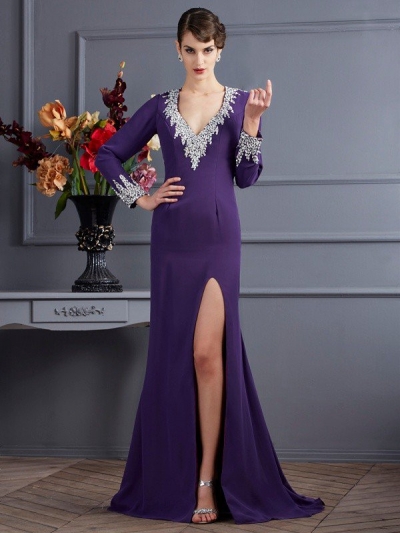 Trumpet/Mermaid V-neck Long Sleeves Beading Long Chiffon Dresses