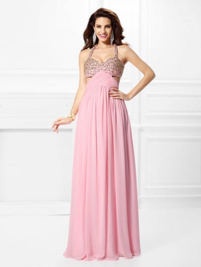 A-Line/Princess Straps Beading Sleeveless Long Chiffon Dresses [50065]