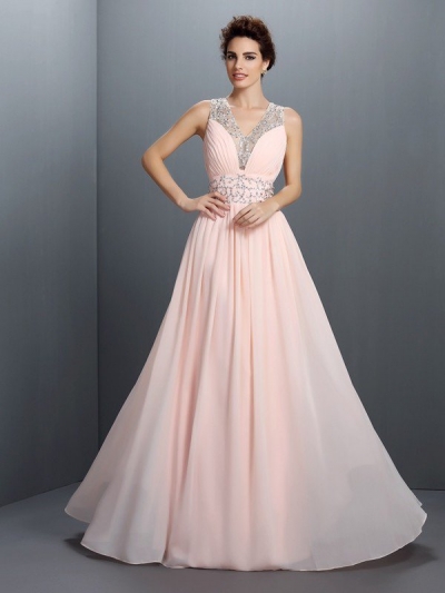 A-Line/Princess V-neck Beading Sleeveless Long Chiffon Dresses [50086]