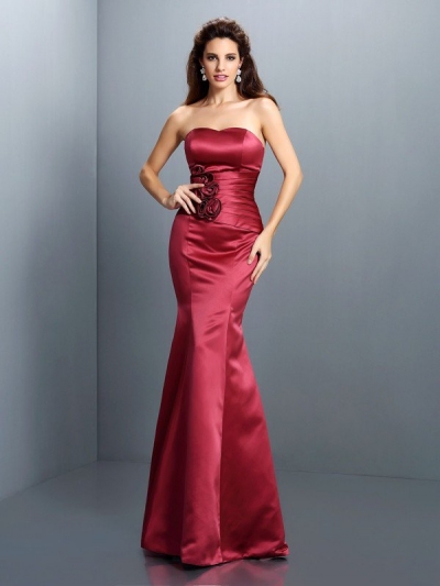 Trumpet/Mermaid Strapless Hand-Made Flower Sleeveless Long Satin Dresses [50396]